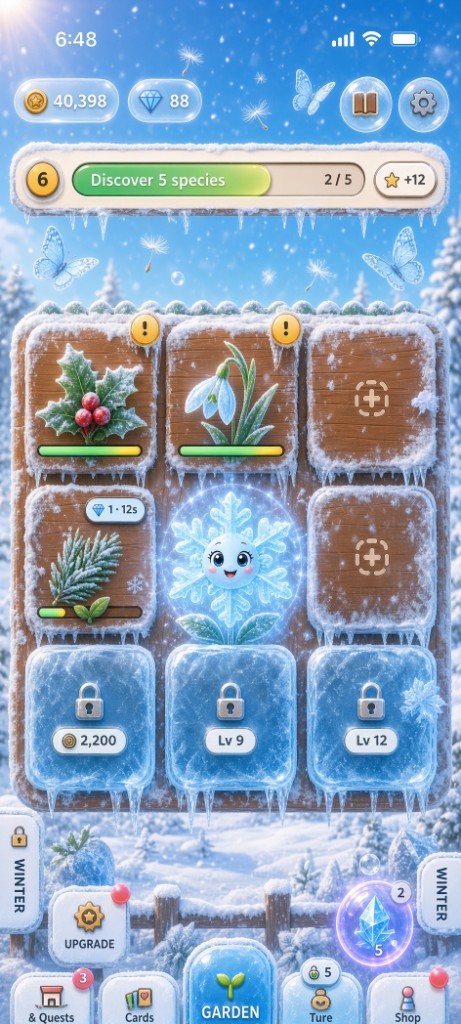 Winter garden - snowflakes and frosted blooms